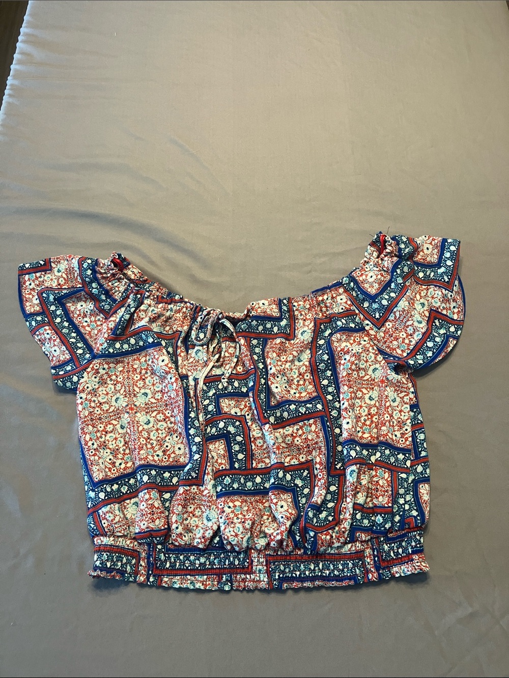 Lily White Red & Blue Off-Shoulder Printed Crop Top